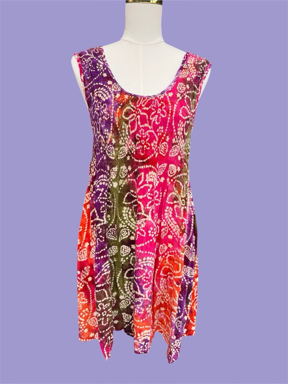 Vintage 90s Boho Hippie Tie Dye Multicolor Sleeveless Tunic Mini Dress M/L
